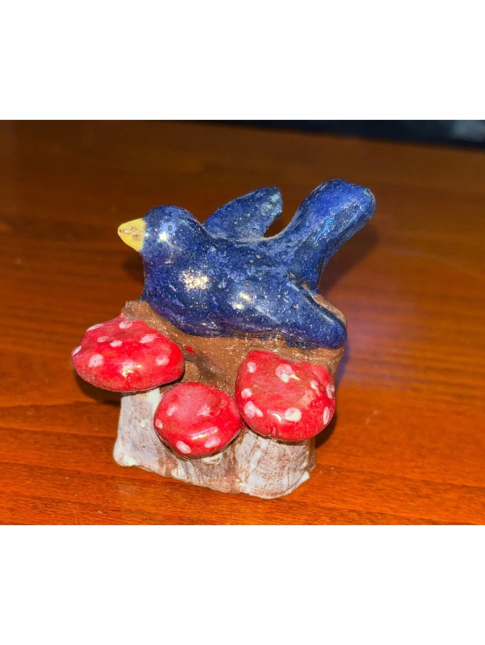 Handmade Folk Art Pottery Blue Bird on Red Mushrooms Figurine Redware